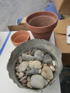 lot 118 image: 3 outdoor planter pots 2 are ceramic and 1 is metal