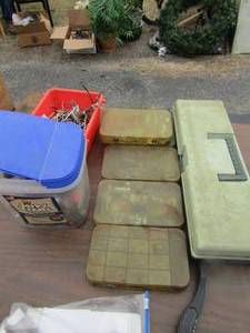 lot 123 image: Misc. lot of screws, nails, bolts, hangers, 5 small tool caddies full of screws, nuts and more