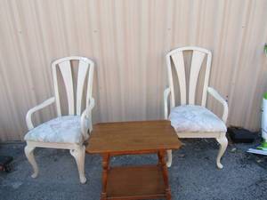 lot 146 image: 2 white high back chairs with fabric seats and a light brown side table with underneath storage 22x25x16