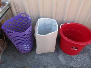 lot 145 image: purple laundry basket, white 2 handled fabric laundry basket, red round laundry basket with 2 handles