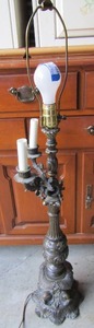 lot 159 image: 41 heavy metal side lamp, has 4 tier lighting but needs small repairs where the light bulb goes, all pieces that need repair are with the lamp