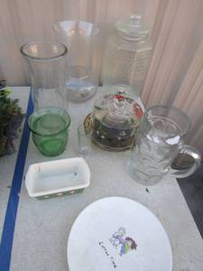 lot 162 image: Clear glass tea picture with spicket and lid, vases, shot glass, butter dish and more