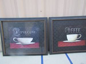 lot 173 image: Cappuccino house blend framed photo, Coffee classic roast framed photo, qty 2 both are 2124, coffee pic is missing front glass still in great shape