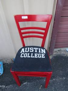 lot 179 image: Red wooden chair,  Austin College, nice for your childs bedroom dorm room