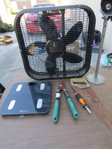 lot 187 image: Holmes black box fan, Edacity bathroom scale, small pair of branch cutters, hand sawmills screw driver with fittings