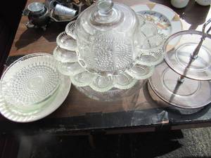 lot 201 image: Crystal egg plate, cake cover, 2 tier dessert trey glass, various other glass kitchen pieces