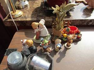 lot 202 image: House hold Knick knacks, porcelain dolls, farmers stand with fruits and veggies, metal mini buckets