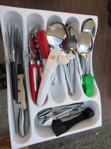 lot 211 image: Silverware plus the drawer holder, knives, forks, spoons, and more