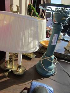 lot 214 image: 2 white bedside table lamps, 1 sky blue bedside lamp no shade all work