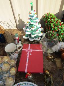 lot 220 image: Christmas lot includes, glass tree, Jolly tree, cards with envolopes, Christmas platter, brass bells and reindeer