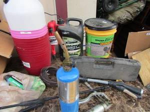 lot 232 image: hardware lot includes red and pink flower pots qty 12, yard sprayer, termite and ant killer used, hydraulic water-stop cement and more