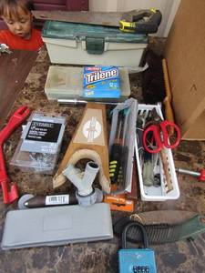 lot 234 image: Various tool lot includes screw drivers, socket set, locks, double loop chain, handsaw, tackle box with tackle in it and much more