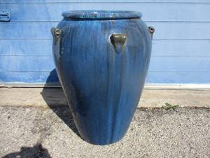 lot 17 image: 24-H, Four Handle, Blue Ceramic Fountain Vase. NOTE Pump and wiring Not Included