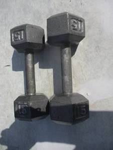 lot 19 image: 15-Lb. Cast Iron Solid Hexagon Gray Dumbbells, Strength Training Free Weights Set of 2 for Women and Men