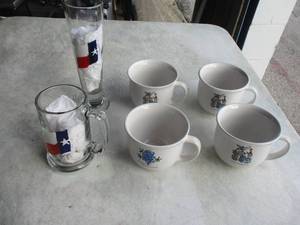 lot 43 image: Lot-4- Texas Wildflowers Oversized Coffee Cups And 2-Hand Painted Texas Flags On  Glass Mug And Wine Glass