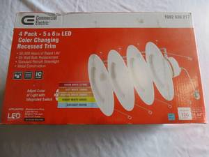 lot 80 image: 4-Pack Commerical Electric # 1002-936-217, 5 & 6 LED, Color Changing Recessed Trim Lights