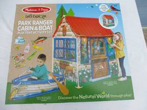 lot 108 image: NIB- 2- Melissa & Doug, Les Explore, Park Ranger Cabin And Boat Play Tent Activity Set. NOTE 2 X Money