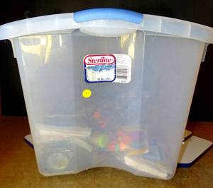 lot 77 image: STERLITE 62 QT TOTE FILLED WITH CRAFTERS ITEMS ALL NEW