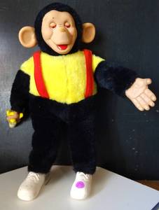 lot 87 image: Vintage Mr. Bim Zip Zippy Plush Monkey Banana Stuffed Toy Red Suspenders 18 EX COND