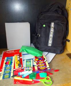 lot 127 image: SCHOOL BAG BACKPACK WITH VARIOUS SCHOOL SUPPLIES