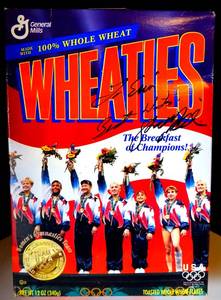 lot 279 image: RARE VINTAGE GENERAL MILLS OLYMPIC WEATIES BOX SIGNED BY GOLD MEDALIST SHANNON MILLER (1996)