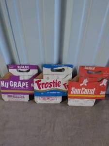 lot 24 image: Selection of 3 Vintage Cardboard 6 Pack Soda Bottle Holders--NuGrape, Frostie, and SunCrest--3X The Money
