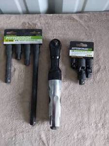 lot 67 image: Lot of Tools--Central Pneumatic 38 Air Ratchet, Pittsburgh 12 4pc Impact Extension Set, and Pittsburgh 3pc Universal Impact Joint Set