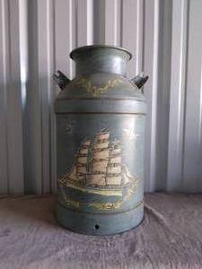 lot 92 image: H.B. Inc. Malvern Vintage Milk Can with Sailboat Painting---Very Nice