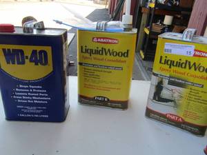lot 15 image: new and used lot of Liquid wood, paint thinner, wd40, Penetrol paint solutions