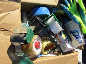 lot 22 image: Misc. box of pens and pencils- permanet markers, gloves, tapes and tape rollers