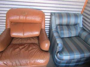 lot 67 image: brown centurey leather chair and a blue lanes furniture chair both in good condition