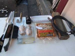 lot 80 image: Laundry line clothes hooks, 220 power supply cord maybe for washer and or dryer, wind shield scrappers qty 2 new,