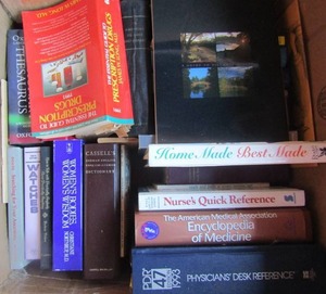 lot 85 image: Box of books includes, MEDICAL, PDR, HOME MADE BEST MADE WATCHES, DICTIONARY, AND MORE