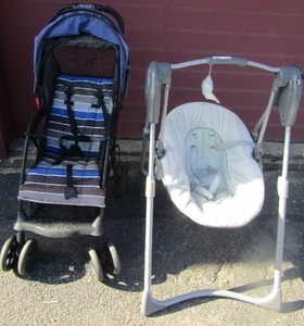 lot 103 image: blue,black and white stripped stroller and a graco grey and white baby swing