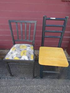 lot 104 image: 2 kitchen chairs one has floral dcor patted seat and a wooden seat