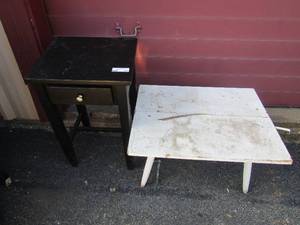 lot 105 image: white small side table 15x26 34x20 and a black one draw night stand 26x 16x14
