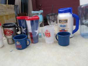 lot 120 image: cup lot lone star tumblers, 2 American flag tumblers, pitcher, lone star light beer big cup