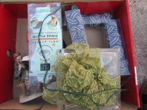 lot 124 image: 3 NIB set of 4 napkin rings, red pepper shaker, anti-stress microwavable sinus pillow, great chef and an old man smoking his pipe dcor
