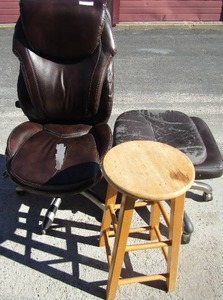 lot 159 image: Used backless rolling office chair, brown leather rolling office chair minor damage to seating,  brown wood backless bar height stool