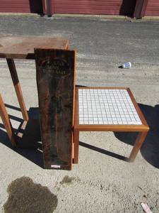 lot 160 image: Army wooden plaque with gloss cover 348, small tile top table 161919, wooden plant stand with open bottom 321812 12