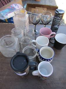 lot 162 image: Wine and coffee mug lot, also includes various mason jars