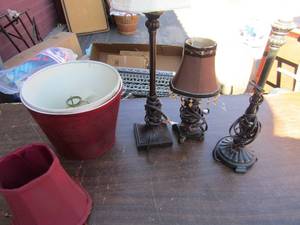 lot 165 image: 3 side table lamps with various shades, maroon and white in color qty 3 sizes range from 12 to 24