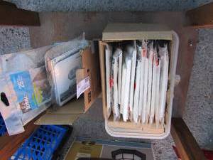 lot 175 image: Used pack of outlet spacers, 2 small boxes of Metal and Nylon wall plates 1 set if off white and the other set is white qty 32