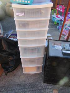 lot 183 image: Plastic storage with 7 drawers all holds misc. items for office like sticky notes, pens, pencils, markers, files and more 1 single black and grey  1 drawer storage compartment