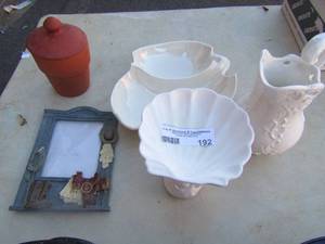 lot 192 image: Misc. lot of white handled tea pot, fountain dcor dish, covered pottery dish, divided serving dish