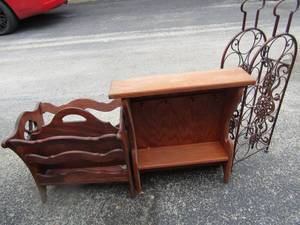 lot 229 image: wooden magazine holder, light brown wooden wall ket and storage holder, metal one handled umbrella holder
