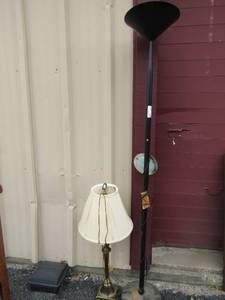 lot 231 image: gold brass table lamp with shade, tall black floor lamp a little bent