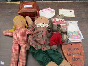 lot 235 image: 2 handmade dolls, 2 small teddy bears, world greatest mom wall dcor, and a wooden japanese like music box
