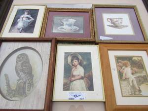 lot 247 image: Lot of 6 framed art oieces include, 1311 Rambow owl art, 2 angel art pieces 108, angel art 1111 and 2 cup photos