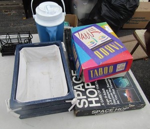 lot 253 image: Utensil holder, wooden crate, Taboo game, drink igloo